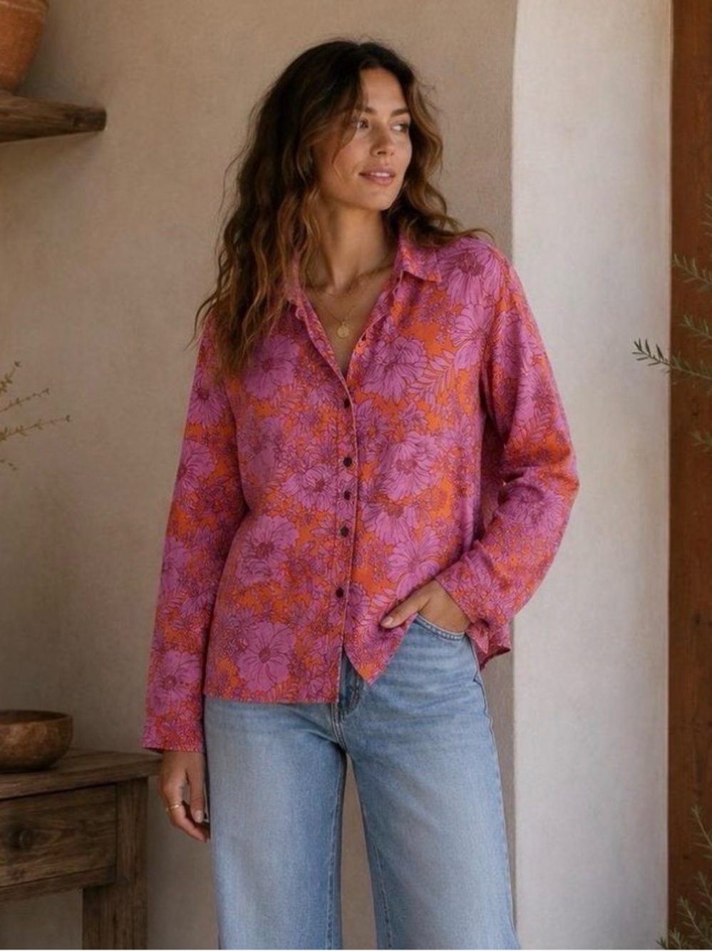 Universal Thread Floral Button-Down Shirt in Pink & Orange